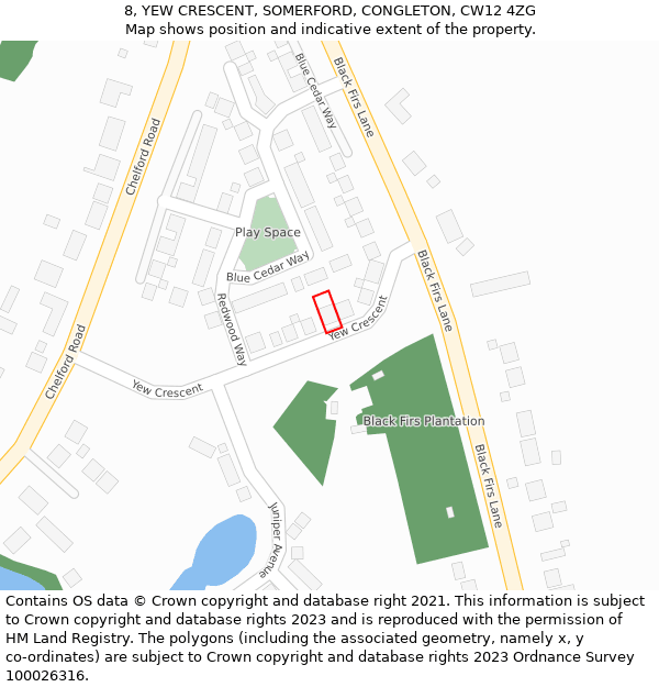 8, YEW CRESCENT, SOMERFORD, CONGLETON, CW12 4ZG: Location map and indicative extent of plot