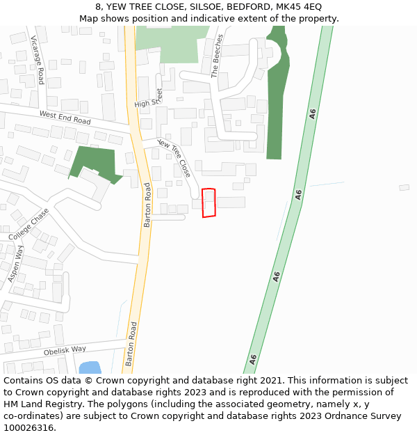 8, YEW TREE CLOSE, SILSOE, BEDFORD, MK45 4EQ: Location map and indicative extent of plot