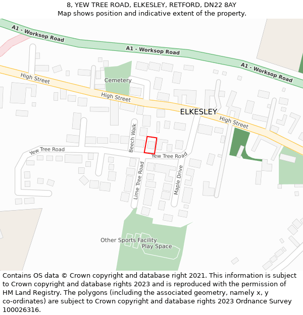 8, YEW TREE ROAD, ELKESLEY, RETFORD, DN22 8AY: Location map and indicative extent of plot