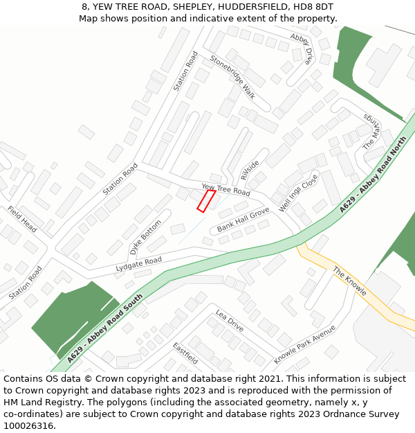 8, YEW TREE ROAD, SHEPLEY, HUDDERSFIELD, HD8 8DT: Location map and indicative extent of plot