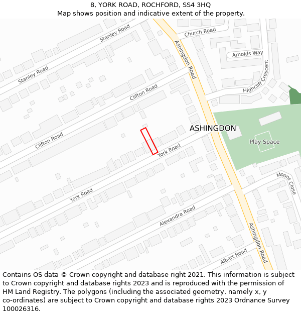 8, YORK ROAD, ROCHFORD, SS4 3HQ: Location map and indicative extent of plot