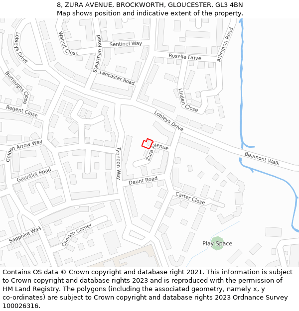 8, ZURA AVENUE, BROCKWORTH, GLOUCESTER, GL3 4BN: Location map and indicative extent of plot