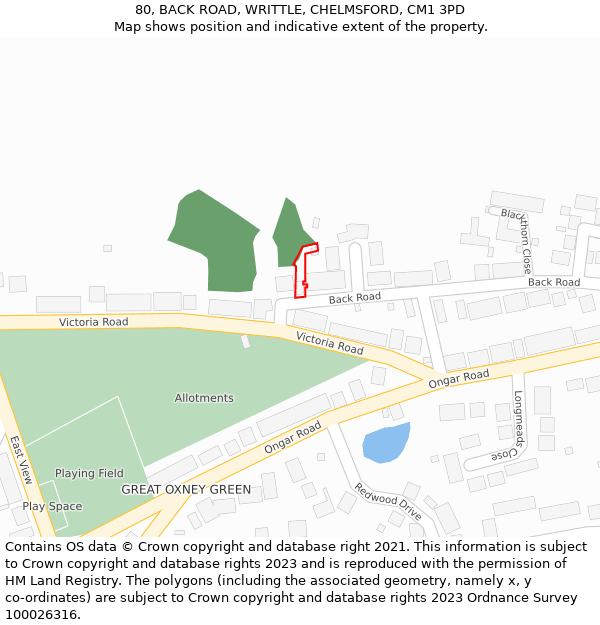 80, BACK ROAD, WRITTLE, CHELMSFORD, CM1 3PD: Location map and indicative extent of plot