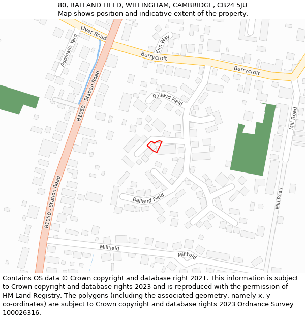 80, BALLAND FIELD, WILLINGHAM, CAMBRIDGE, CB24 5JU: Location map and indicative extent of plot