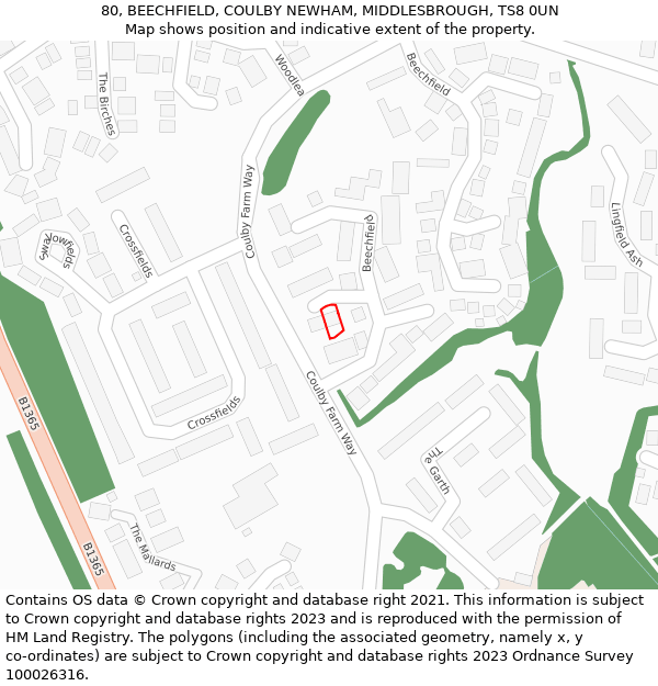 80, BEECHFIELD, COULBY NEWHAM, MIDDLESBROUGH, TS8 0UN: Location map and indicative extent of plot