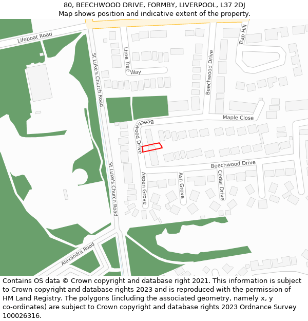 80, BEECHWOOD DRIVE, FORMBY, LIVERPOOL, L37 2DJ: Location map and indicative extent of plot