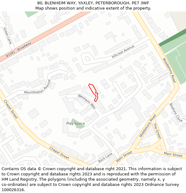 80, BLENHEIM WAY, YAXLEY, PETERBOROUGH, PE7 3WF: Location map and indicative extent of plot