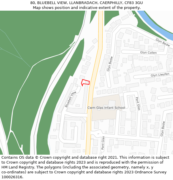 80, BLUEBELL VIEW, LLANBRADACH, CAERPHILLY, CF83 3GU: Location map and indicative extent of plot