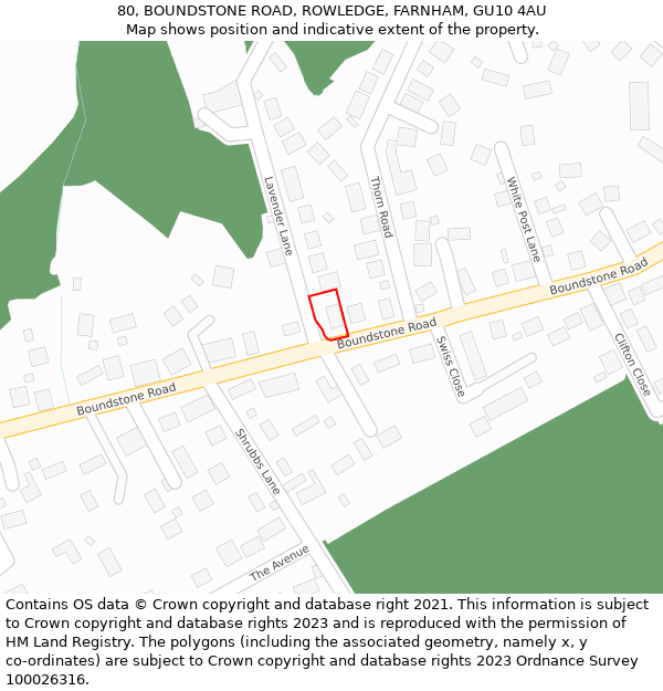 80, BOUNDSTONE ROAD, ROWLEDGE, FARNHAM, GU10 4AU: Location map and indicative extent of plot