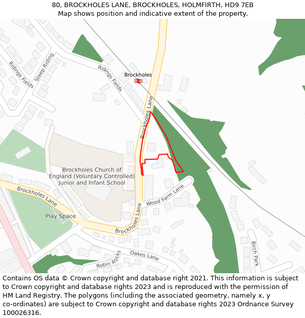 80, BROCKHOLES LANE, BROCKHOLES, HOLMFIRTH, HD9 7EB: Location map and indicative extent of plot