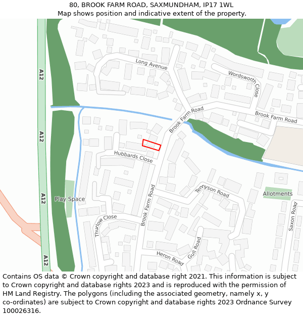80, BROOK FARM ROAD, SAXMUNDHAM, IP17 1WL: Location map and indicative extent of plot