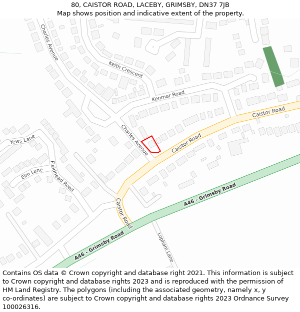 80, CAISTOR ROAD, LACEBY, GRIMSBY, DN37 7JB: Location map and indicative extent of plot