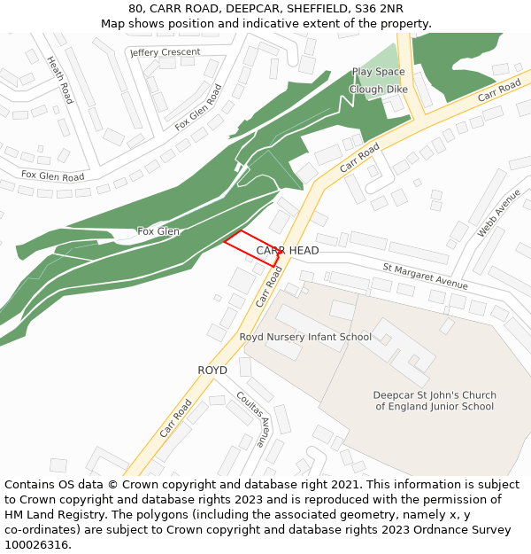 80, CARR ROAD, DEEPCAR, SHEFFIELD, S36 2NR: Location map and indicative extent of plot