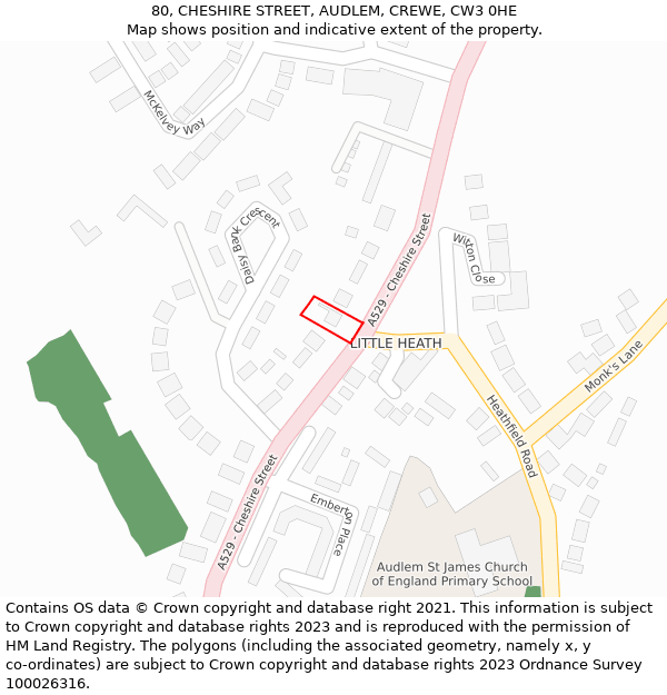 80, CHESHIRE STREET, AUDLEM, CREWE, CW3 0HE: Location map and indicative extent of plot