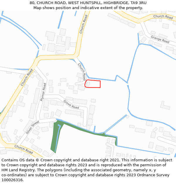 80, CHURCH ROAD, WEST HUNTSPILL, HIGHBRIDGE, TA9 3RU: Location map and indicative extent of plot