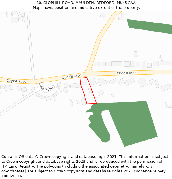 80, CLOPHILL ROAD, MAULDEN, BEDFORD, MK45 2AA: Location map and indicative extent of plot