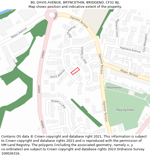 80, DAVIS AVENUE, BRYNCETHIN, BRIDGEND, CF32 9JL: Location map and indicative extent of plot