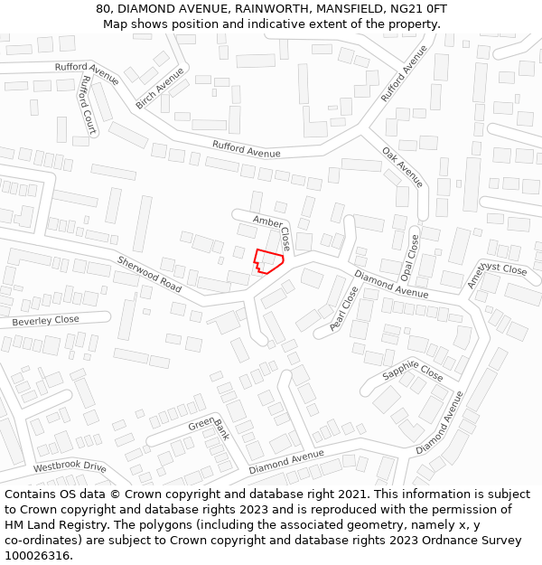 80, DIAMOND AVENUE, RAINWORTH, MANSFIELD, NG21 0FT: Location map and indicative extent of plot