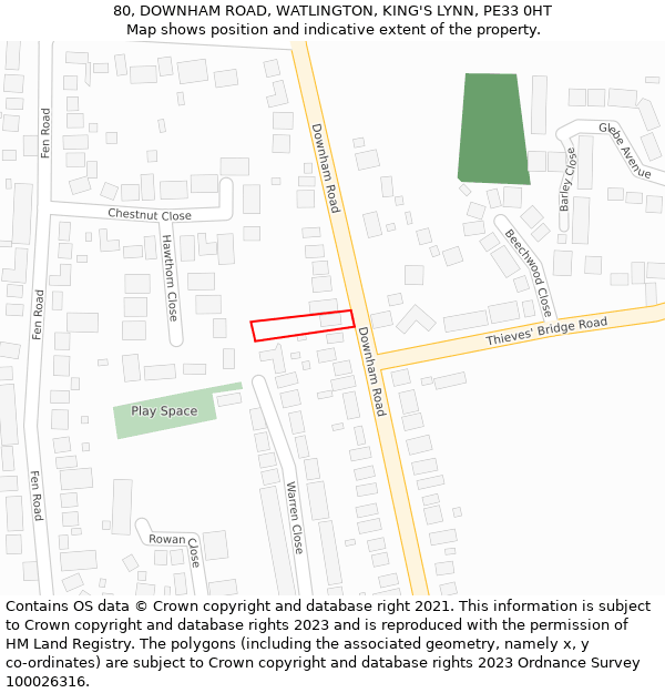 80, DOWNHAM ROAD, WATLINGTON, KING'S LYNN, PE33 0HT: Location map and indicative extent of plot