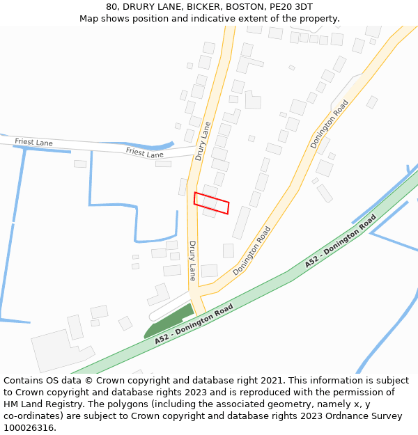 80, DRURY LANE, BICKER, BOSTON, PE20 3DT: Location map and indicative extent of plot