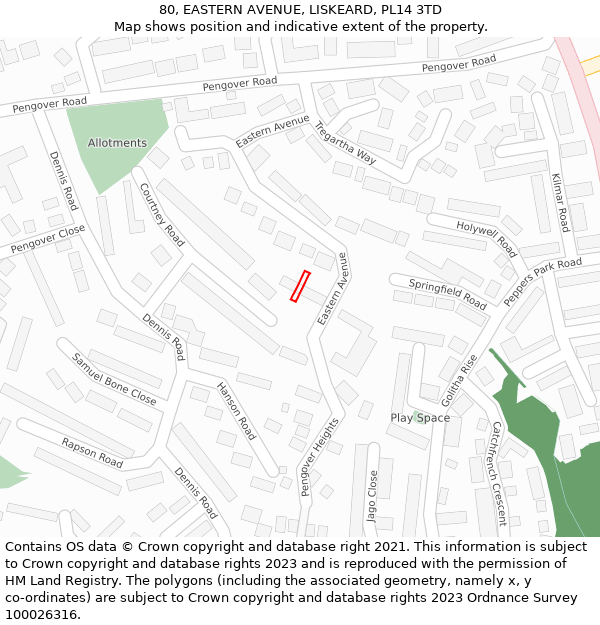 80, EASTERN AVENUE, LISKEARD, PL14 3TD: Location map and indicative extent of plot