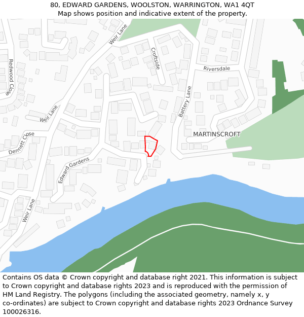 80, EDWARD GARDENS, WOOLSTON, WARRINGTON, WA1 4QT: Location map and indicative extent of plot
