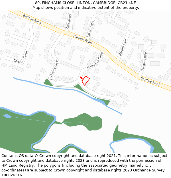 80, FINCHAMS CLOSE, LINTON, CAMBRIDGE, CB21 4NE: Location map and indicative extent of plot