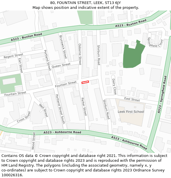 80, FOUNTAIN STREET, LEEK, ST13 6JY: Location map and indicative extent of plot