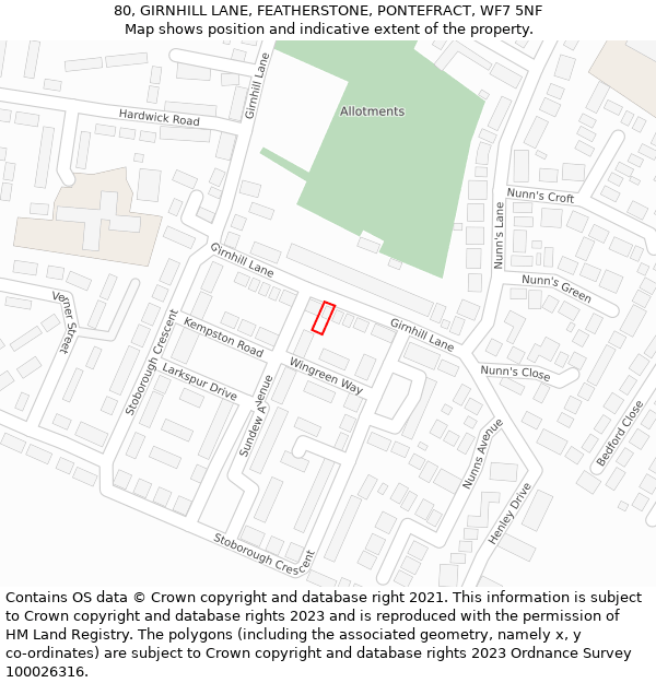 80, GIRNHILL LANE, FEATHERSTONE, PONTEFRACT, WF7 5NF: Location map and indicative extent of plot