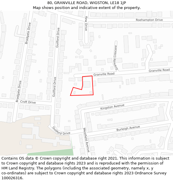80, GRANVILLE ROAD, WIGSTON, LE18 1JP: Location map and indicative extent of plot