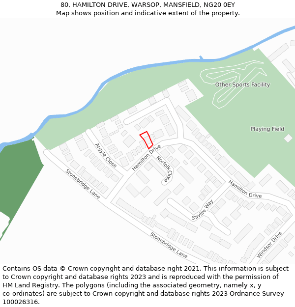 80, HAMILTON DRIVE, WARSOP, MANSFIELD, NG20 0EY: Location map and indicative extent of plot