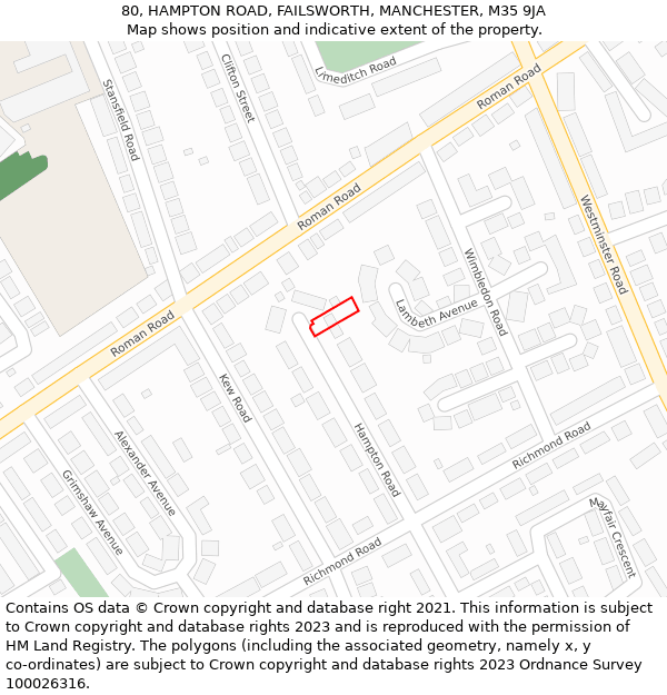 80, HAMPTON ROAD, FAILSWORTH, MANCHESTER, M35 9JA: Location map and indicative extent of plot