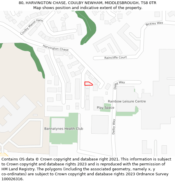 80, HARVINGTON CHASE, COULBY NEWHAM, MIDDLESBROUGH, TS8 0TR: Location map and indicative extent of plot