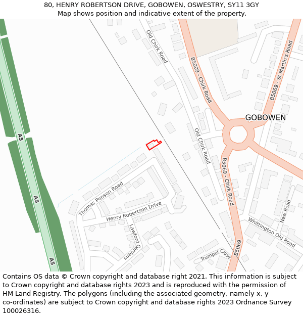 80, HENRY ROBERTSON DRIVE, GOBOWEN, OSWESTRY, SY11 3GY: Location map and indicative extent of plot
