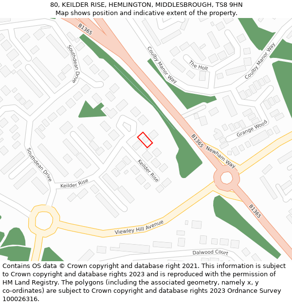 80, KEILDER RISE, HEMLINGTON, MIDDLESBROUGH, TS8 9HN: Location map and indicative extent of plot