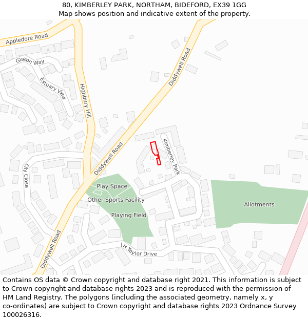 80, KIMBERLEY PARK, NORTHAM, BIDEFORD, EX39 1GG: Location map and indicative extent of plot