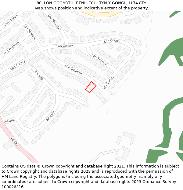 80, LON GOGARTH, BENLLECH, TYN-Y-GONGL, LL74 8TA: Location map and indicative extent of plot