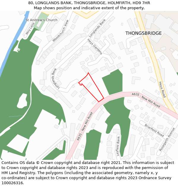 80, LONGLANDS BANK, THONGSBRIDGE, HOLMFIRTH, HD9 7HR: Location map and indicative extent of plot