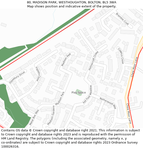 80, MADISON PARK, WESTHOUGHTON, BOLTON, BL5 3WA: Location map and indicative extent of plot