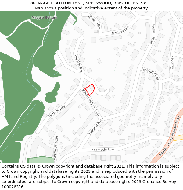 80, MAGPIE BOTTOM LANE, KINGSWOOD, BRISTOL, BS15 8HD: Location map and indicative extent of plot