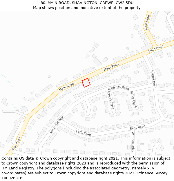 80, MAIN ROAD, SHAVINGTON, CREWE, CW2 5DU: Location map and indicative extent of plot