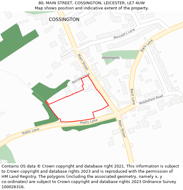 80, MAIN STREET, COSSINGTON, LEICESTER, LE7 4UW: Location map and indicative extent of plot
