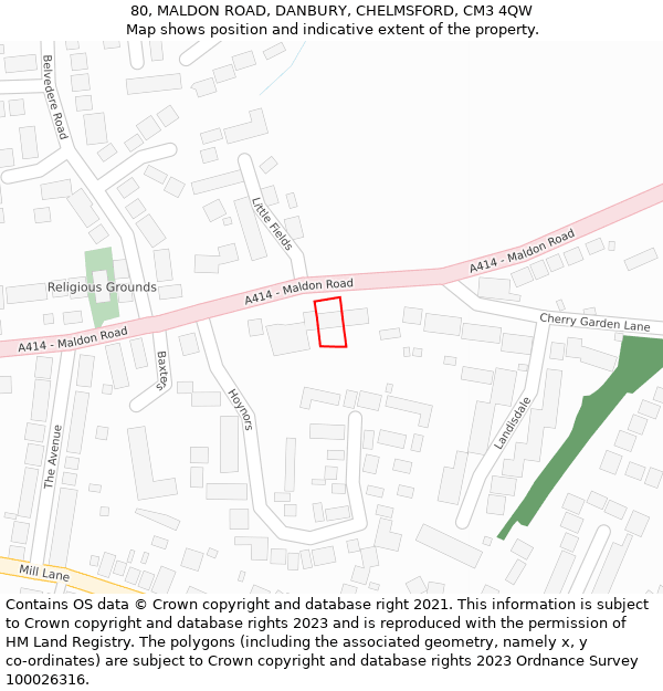 80, MALDON ROAD, DANBURY, CHELMSFORD, CM3 4QW: Location map and indicative extent of plot