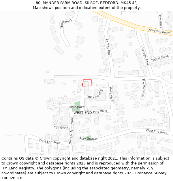 80, MANDER FARM ROAD, SILSOE, BEDFORD, MK45 4FJ: Location map and indicative extent of plot