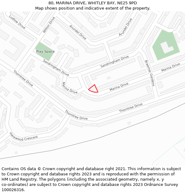 80, MARINA DRIVE, WHITLEY BAY, NE25 9PD: Location map and indicative extent of plot