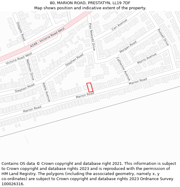 80, MARION ROAD, PRESTATYN, LL19 7DF: Location map and indicative extent of plot