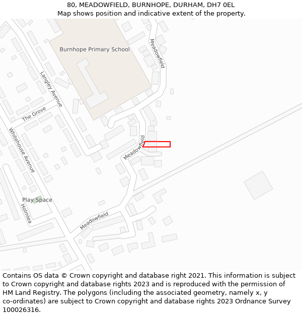 80, MEADOWFIELD, BURNHOPE, DURHAM, DH7 0EL: Location map and indicative extent of plot