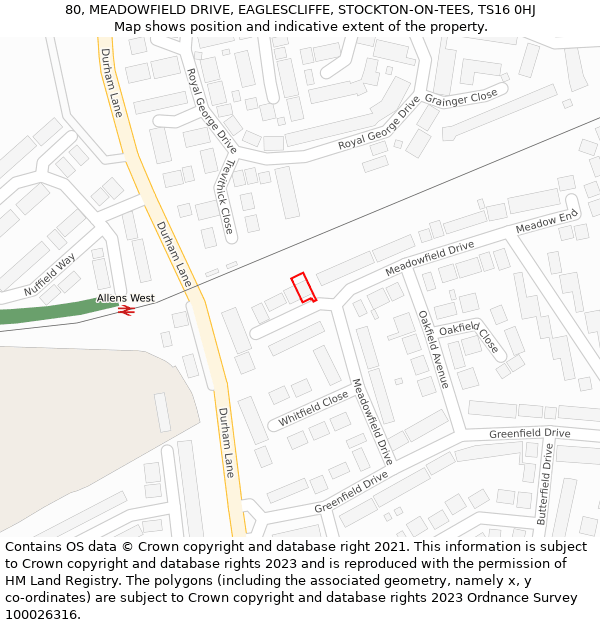 80, MEADOWFIELD DRIVE, EAGLESCLIFFE, STOCKTON-ON-TEES, TS16 0HJ: Location map and indicative extent of plot