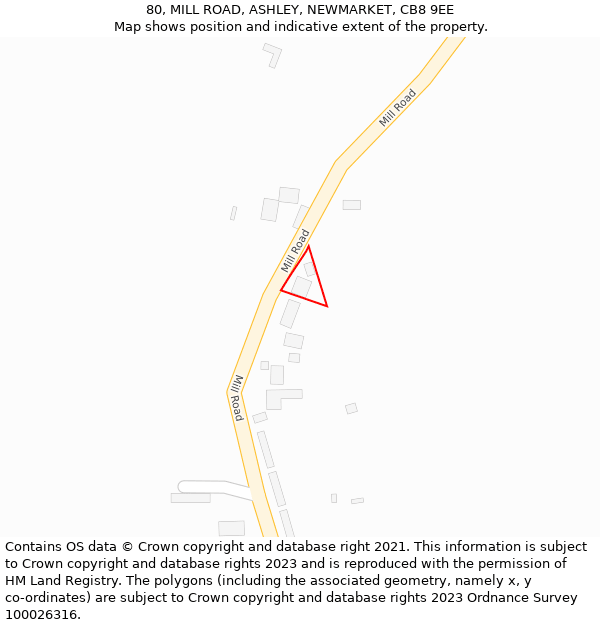 80, MILL ROAD, ASHLEY, NEWMARKET, CB8 9EE: Location map and indicative extent of plot