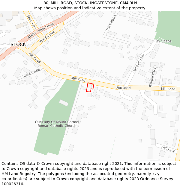 80, MILL ROAD, STOCK, INGATESTONE, CM4 9LN: Location map and indicative extent of plot